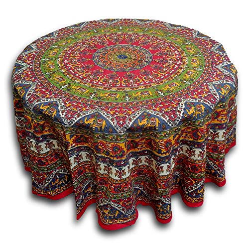 India Arts Elephant Mandala Floral Print Red Tablecloth Round for Dining and Kitchen Cotton Table Linen Red Green Blue - Image 2