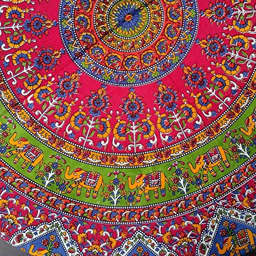 India Arts Elephant Mandala Floral Print Red Tablecloth Round for Dining and Kitchen Cotton Table Linen Red Green Blue - Image 3