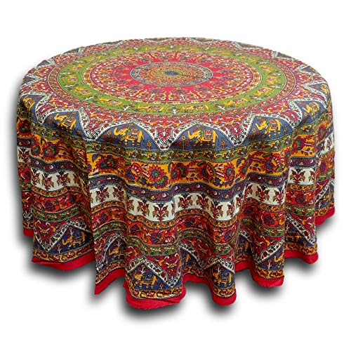India Arts Elephant Mandala Floral Print Red Tablecloth Round for Dining and Kitchen Cotton Table Linen Red Green Blue - Image 4