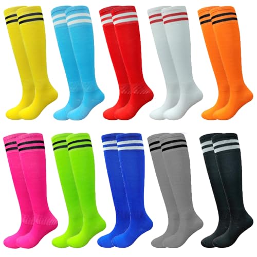 Tergy 10 Pairs Kids Soccer Socks Stretchy Knee High Tube Colorful Football Athletic Team Socks for Boys Girls (9-12 Years Old) - Image 1