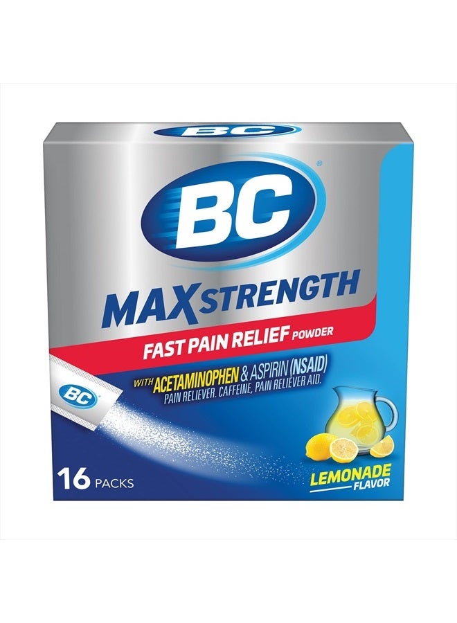 BC MAX Strength Fast Pain Relief Powder, Lemonade Flavor Aspirin 500mg and Acetaminophen 500mg Dissolve Packs, 16 Count - Image 1