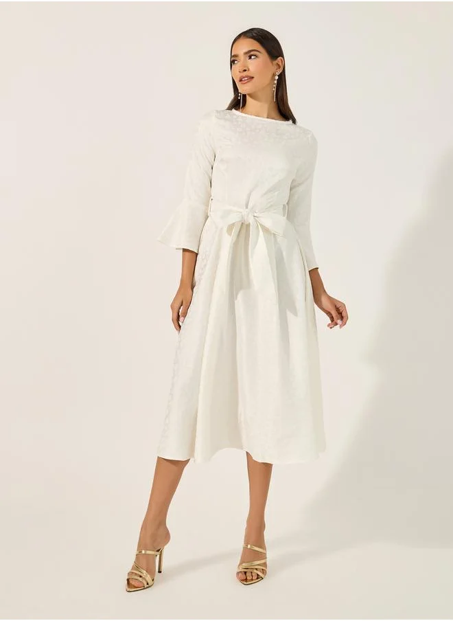 ستايلي Boat Neck Waist Tie-Up A-Line Midi Dress with 3/4th Sleeves