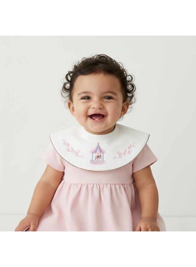 Premium Embroidered Cotton Baby Bib with Carousel and Vine Design - Waterproof Adjustable Drool Bib, Rolled Edge for Elegant Protection - Image 1