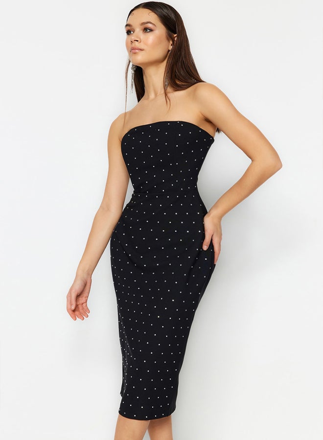 trendyol Black Body-fitting Lined Shiny Stone Woven Elegant Evening Night Graduation Dress - Image 2