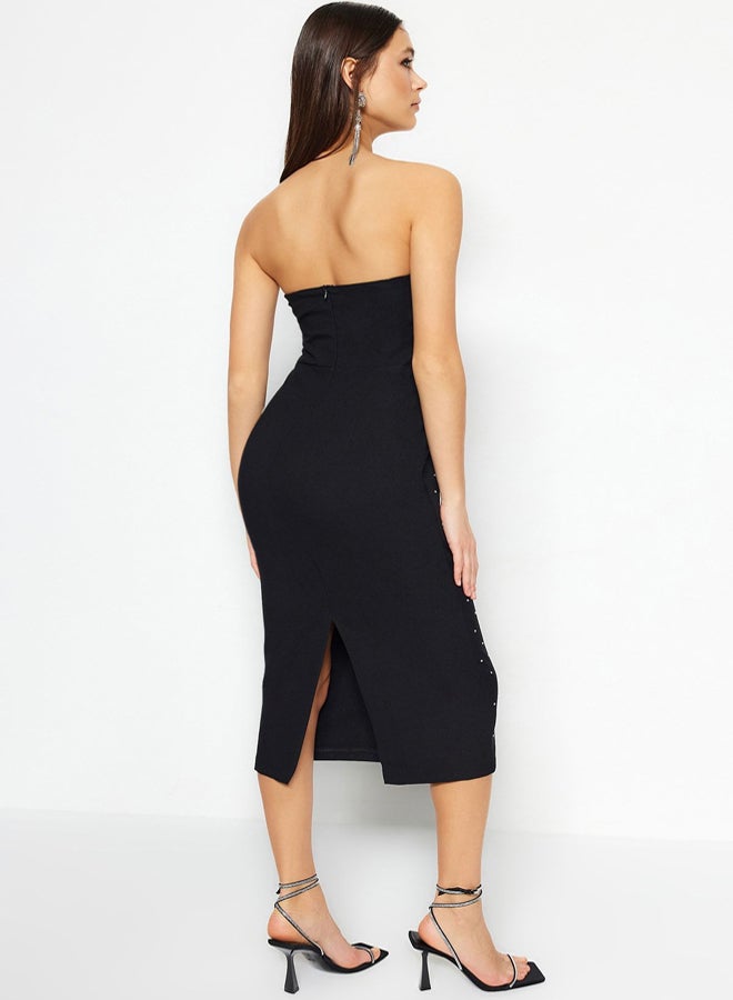 trendyol Black Body-fitting Lined Shiny Stone Woven Elegant Evening Night Graduation Dress - Image 5