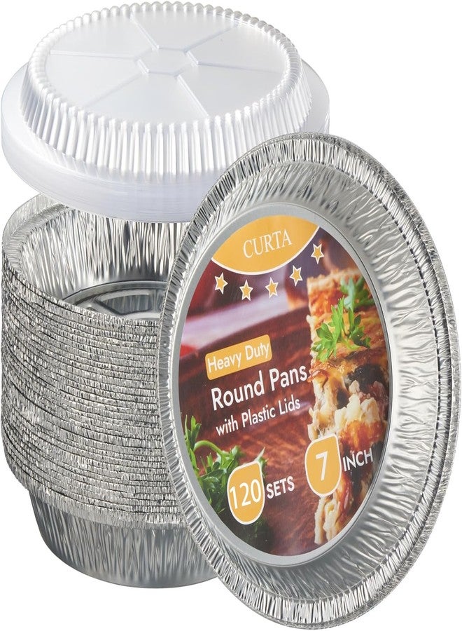 CURTA 7" Round Aluminum Foil Pans with Clear Lids | Heavy Duty | Great for Broiling, Baking, Storage, Roasting, Takeout, Air Fryer | 120 Pack - Image 1