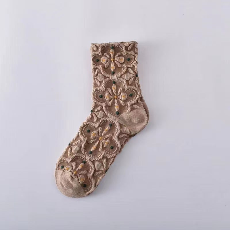 Women's Vintage Floral Mid-Calf Cotton Socks, Coffee Brown Retro Court Style, Breathable Casual Crew Socks for Fall Winter - Image 1