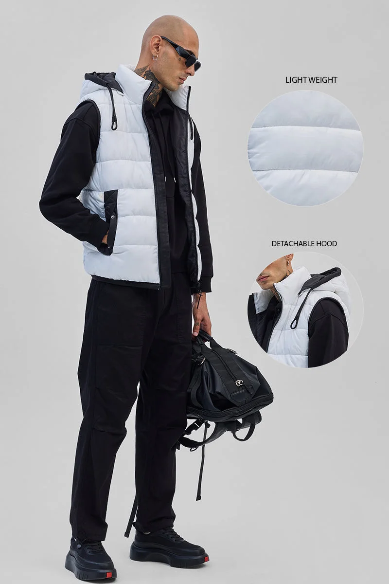 SNITCH White Puffer Sleeveless Detachable Hood Vest