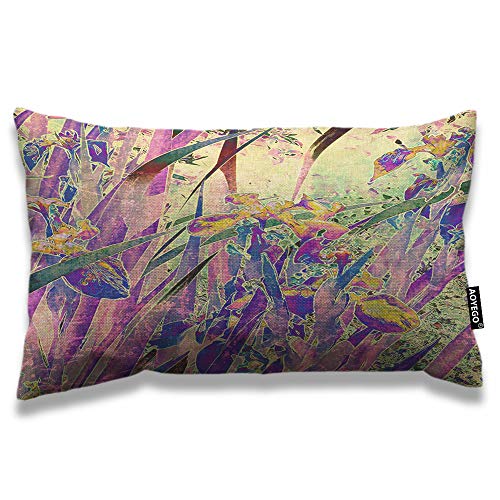 AOYEGO Floral Throw Pillow Cover 12x20 Inch Vintage Art Nature Irises Flower Leaves Rectangle Pillow Cases Home Decorative Cotton Linen Cushion Cover for Bed Sofa Purple Green