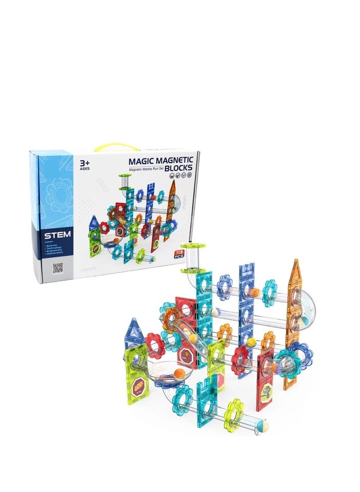 MAGIC MAGNETIC BLOCKS – 113 PCS Marble Run Set for Kids | Large Magnetic Building Blocks Educational STEM Toy | 3D Construction Set with Rolling Marbles, Transparent Colorful Tiles, Strong Magnets, - Image 3