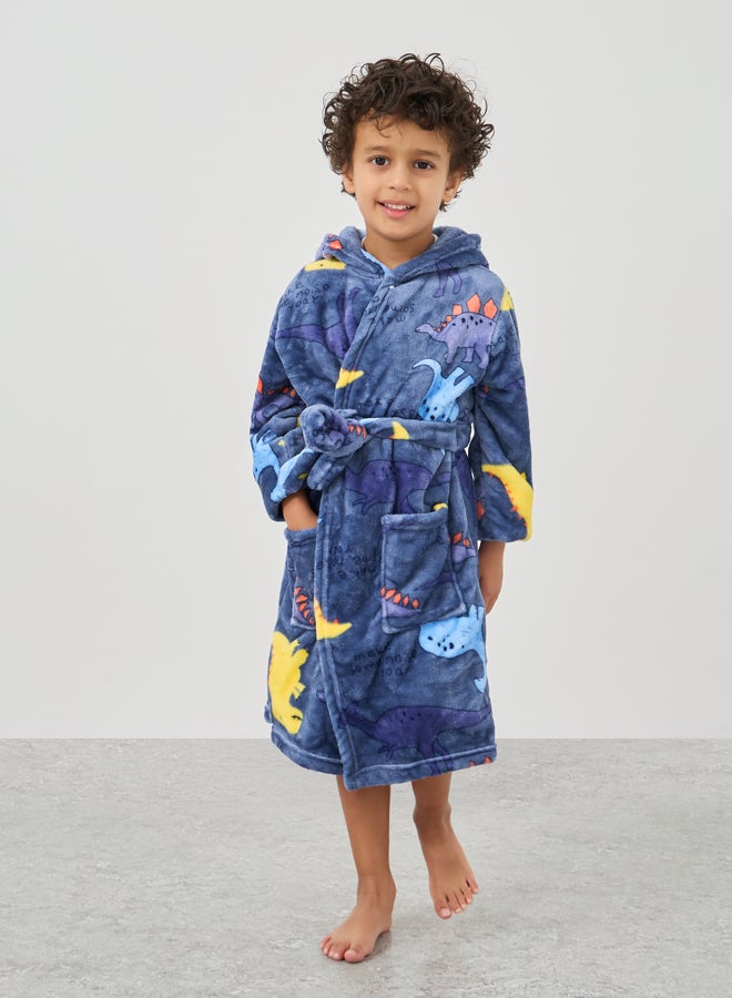 ستايلي روب حمام بغطاء رأس بطبعة ديناصور للأولاد مع جيوب - Image 1