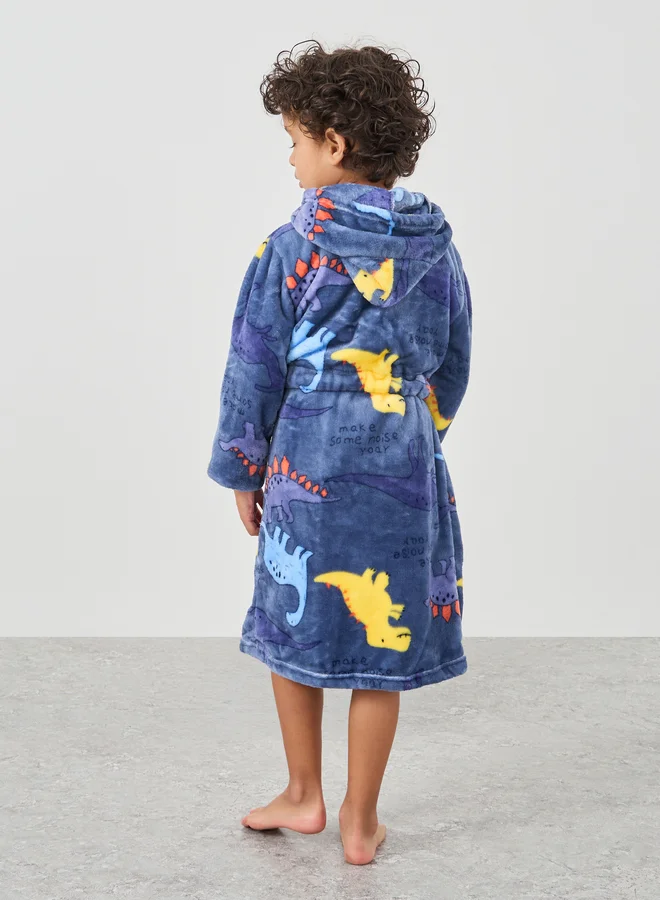Styli Boys Dinosaur Print Hooded Bathrobe with Pockets