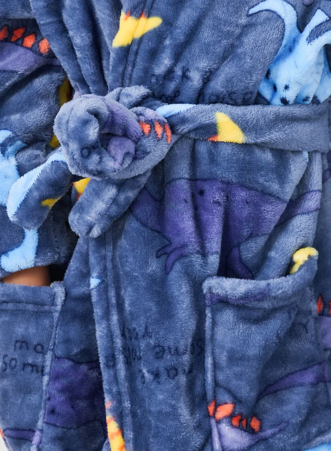 Styli Boys Dinosaur Print Hooded Bathrobe with Pockets