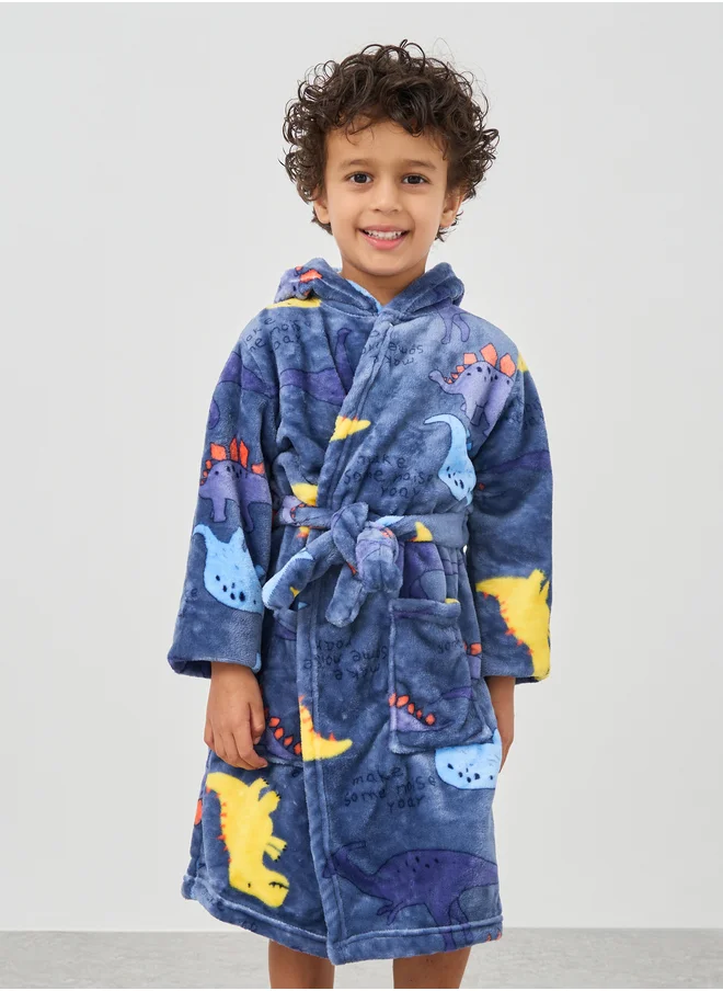 ستايلي Boys Dinosaur Print Hooded Bathrobe with Pockets