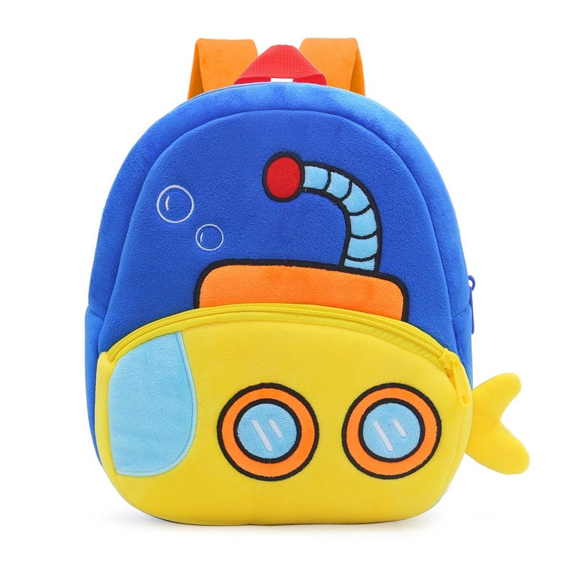 Plush Kids Backpack, Submarine Vehicle Design, Soft Lightweight School Bag for Toddlers and Preschool Kids - Image 1