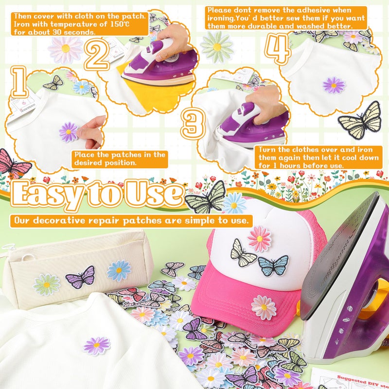 NICEVINYL Flower Iron on Patches for Clothing: 90pcs Multicolor Cute Daisy Flower Applique Patches Sew on Backpacks - Butterfly Embroidered Patches for Jeans Jackets Tote Bags Hats - Image 4