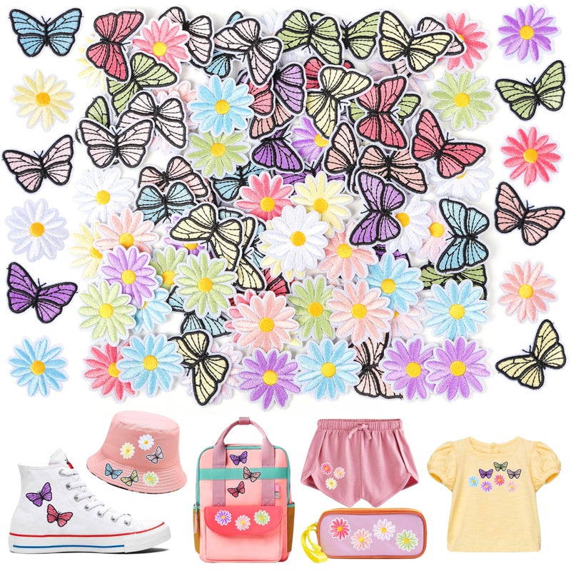 NICEVINYL Flower Iron on Patches for Clothing: 90pcs Multicolor Cute Daisy Flower Applique Patches Sew on Backpacks - Butterfly Embroidered Patches for Jeans Jackets Tote Bags Hats - Image 1