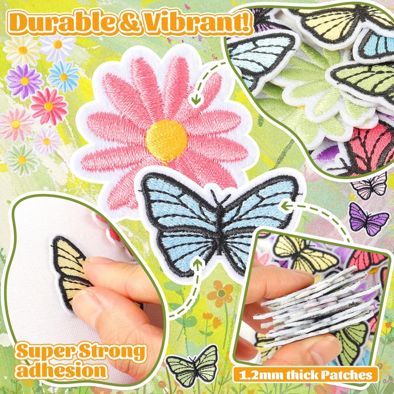 NICEVINYL Flower Iron on Patches for Clothing: 90pcs Multicolor Cute Daisy Flower Applique Patches Sew on Backpacks - Butterfly Embroidered Patches for Jeans Jackets Tote Bags Hats - Image 3