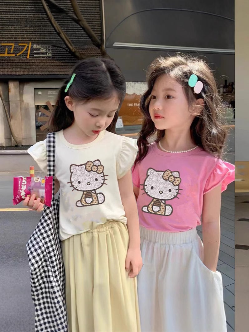 Summer Girl'S Cartoon Kitty Cat Pure Cotton Top Children'S Korean-Style Foreign-Style Small Flying Sleeve T-Shirt Thin T-Shirt - Image 2
