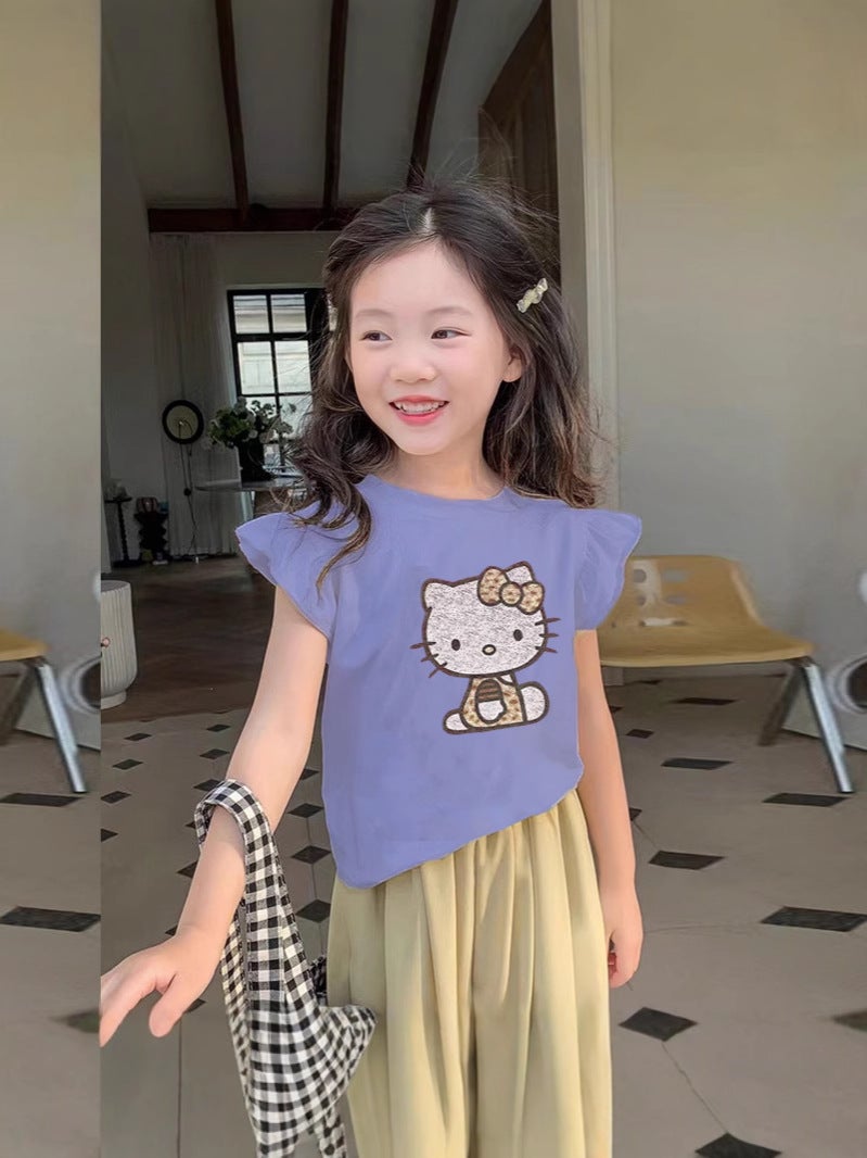 Summer Girl'S Cartoon Kitty Cat Pure Cotton Top Children'S Korean-Style Foreign-Style Small Flying Sleeve T-Shirt Thin T-Shirt - Image 5