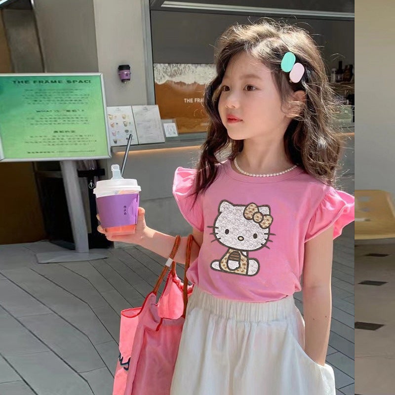 Summer Girl'S Cartoon Kitty Cat Pure Cotton Top Children'S Korean-Style Foreign-Style Small Flying Sleeve T-Shirt Thin T-Shirt - Image 1