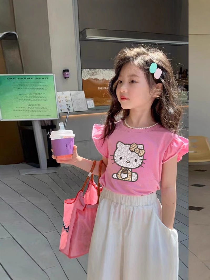 Summer Girl'S Cartoon Kitty Cat Pure Cotton Top Children'S Korean-Style Foreign-Style Small Flying Sleeve T-Shirt Thin T-Shirt - Image 3