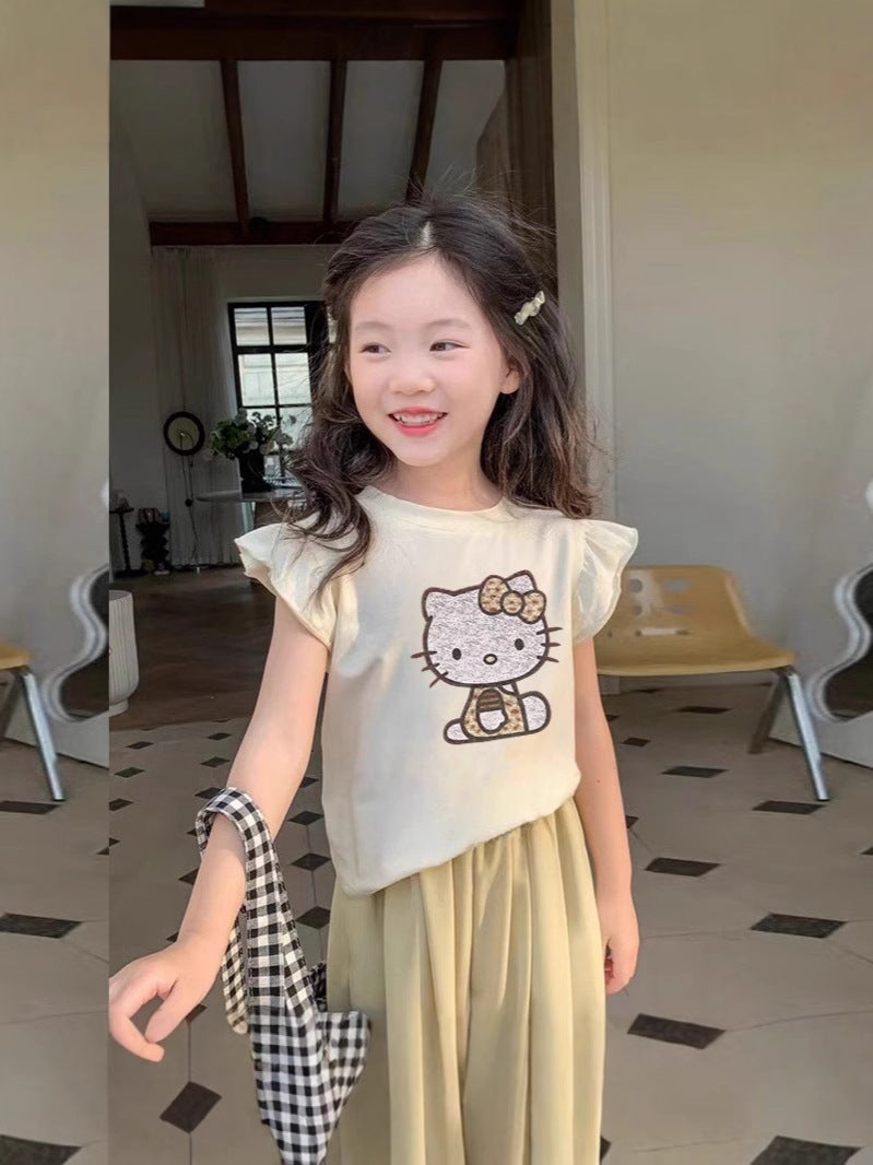 Summer Girl'S Cartoon Kitty Cat Pure Cotton Top Children'S Korean-Style Foreign-Style Small Flying Sleeve T-Shirt Thin T-Shirt - Image 4