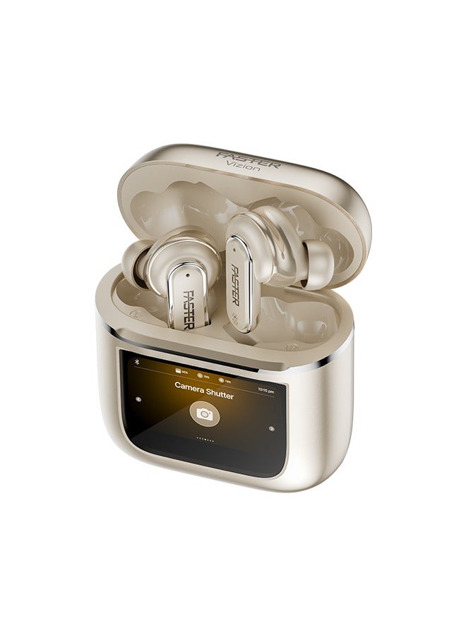 Faster Vizion Wireless Earbuds, Bluetooth 5.4 with ENC, Smart Touch Screen Case, 35H Playtime, Hi-Fi Stereo Sound, Built-in Equalizer, Type-C Fast Charge, IPX4 Waterproof, Find My Earbuds, 500mAh Charging Case, Metallic Gold - Image 1