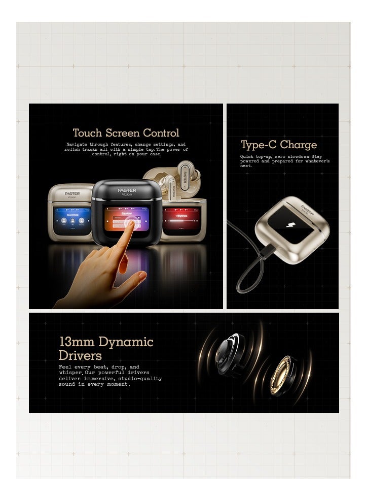 Faster Vizion Wireless Earbuds, Bluetooth 5.4 with ENC, Smart Touch Screen Case, 35H Playtime, Hi-Fi Stereo Sound, Built-in Equalizer, Type-C Fast Charge, IPX4 Waterproof, Find My Earbuds, 500mAh Charging Case, Metallic Gold - Image 2