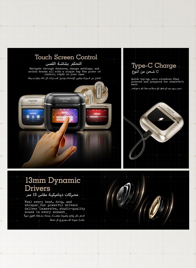 Faster Vizion Wireless Earbuds, Bluetooth 5.4 with ENC, Smart Touch Screen Case, 35H Playtime, Hi-Fi Stereo Sound, Built-in Equalizer, Type-C Fast Charge, IPX4 Waterproof, Find My Earbuds, 500mAh Charging Case, Metallic Gold - Image 5
