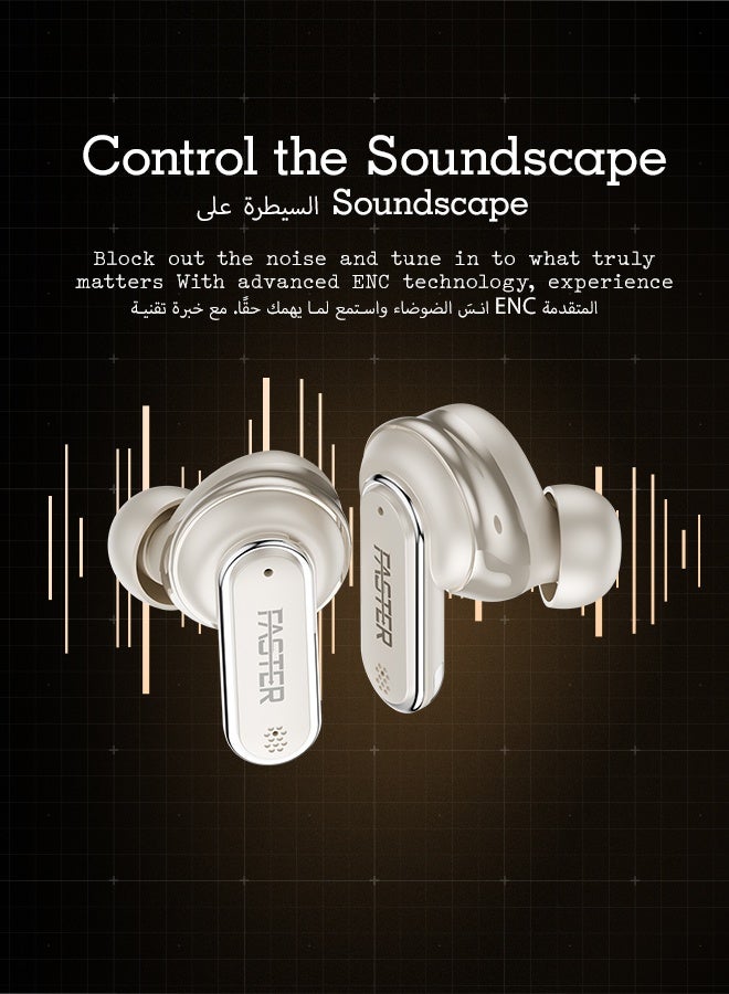 Faster Vizion Wireless Earbuds, Bluetooth 5.4 with ENC, Smart Touch Screen Case, 35H Playtime, Hi-Fi Stereo Sound, Built-in Equalizer, Type-C Fast Charge, IPX4 Waterproof, Find My Earbuds, 500mAh Charging Case, Metallic Gold - Image 3