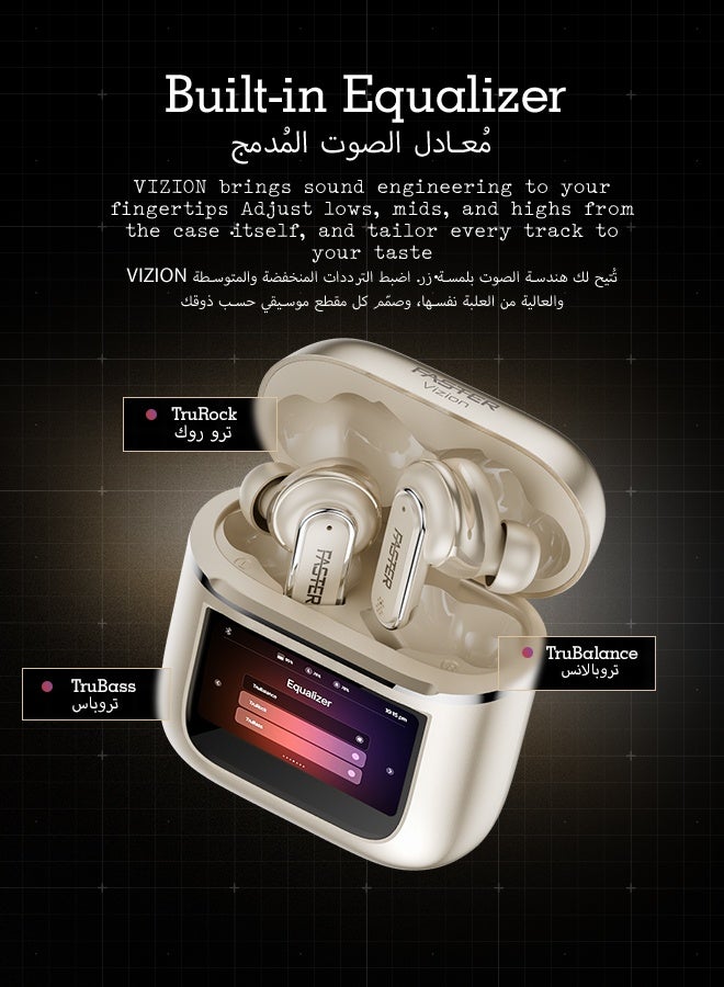 Faster Vizion Wireless Earbuds, Bluetooth 5.4 with ENC, Smart Touch Screen Case, 35H Playtime, Hi-Fi Stereo Sound, Built-in Equalizer, Type-C Fast Charge, IPX4 Waterproof, Find My Earbuds, 500mAh Charging Case, Metallic Gold - Image 4
