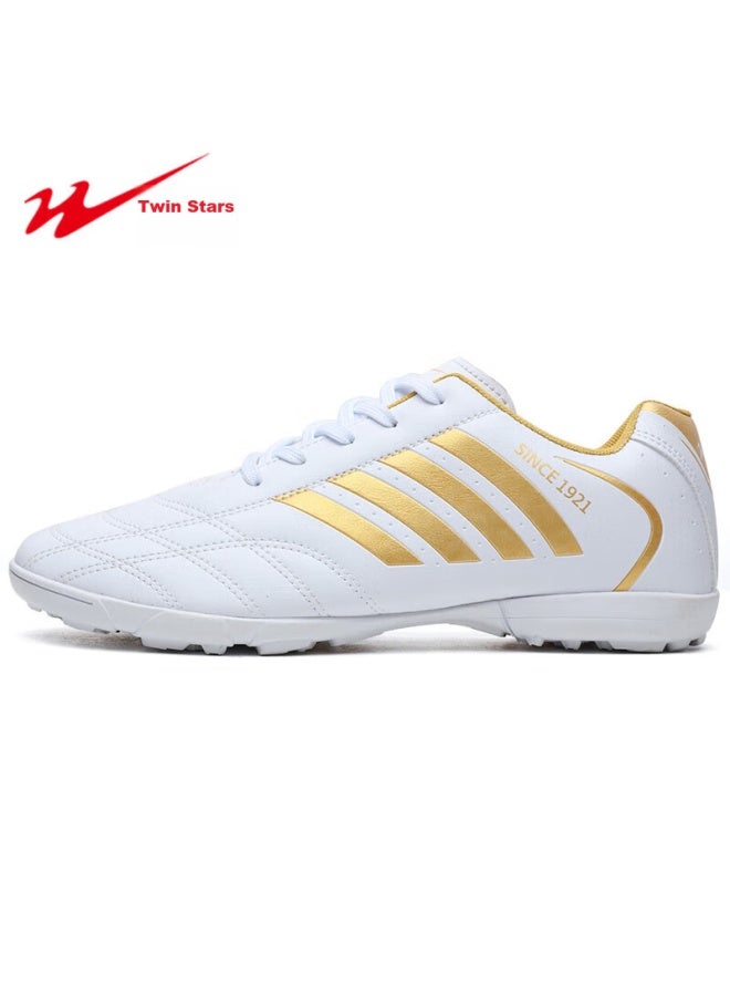 Double Star Eight Shuangxing Soccer Shoes, Tf Turf Cleats, Short Studs, Ag, For Men And Women, Adults, Teenagers, High School And College Students, Leather Upper, Football Training And Match Shoes, Artificial Turf, 95588, White And Gold, Size 42 - Image 1