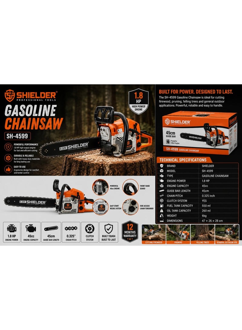 Shielder Chainsaw Shielder SH-4599 45cm 18HP Gasoline Tree Cutting Chain Saw 3200RPM With Anti-Vibration System And Automatic Chain Lubrication - Image 1