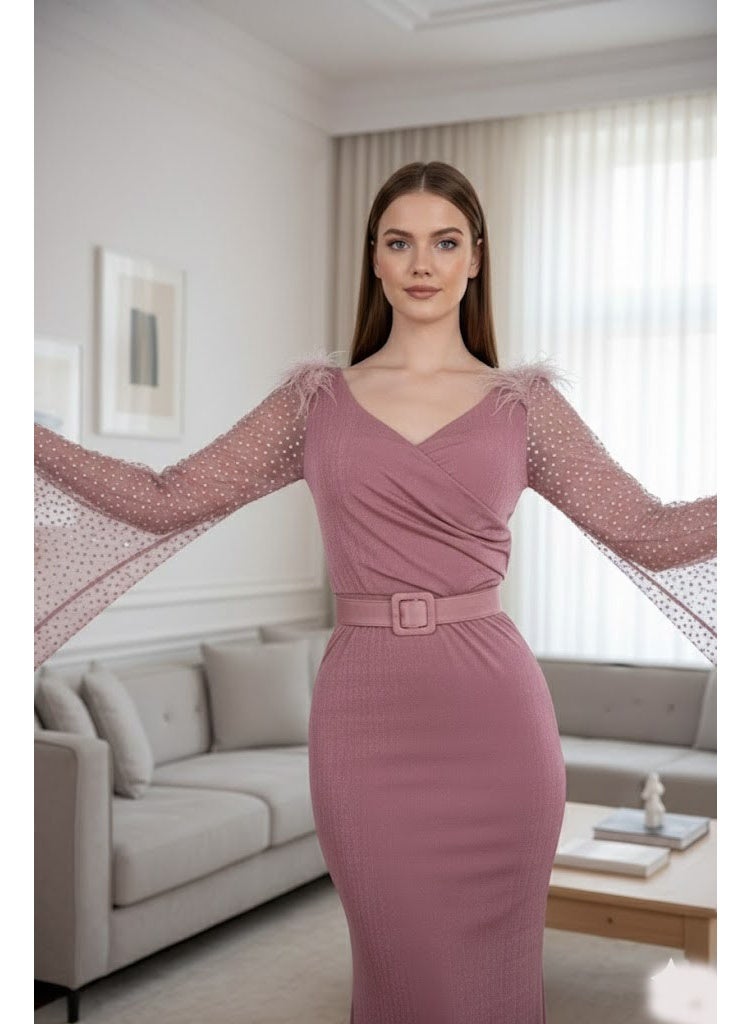 FULL JOY Maxi Velvet Evening Dress with Wide Embroidered Sleeves and Belt, Elegant evening Dress with an Attractively Feminine Design. - Image 4