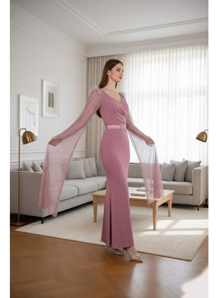 FULL JOY Maxi Velvet Evening Dress with Wide Embroidered Sleeves and Belt, Elegant evening Dress with an Attractively Feminine Design. - Image 3