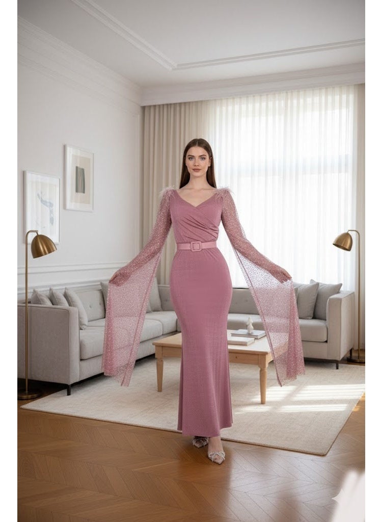 FULL JOY Maxi Velvet Evening Dress with Wide Embroidered Sleeves and Belt, Elegant evening Dress with an Attractively Feminine Design. - Image 1