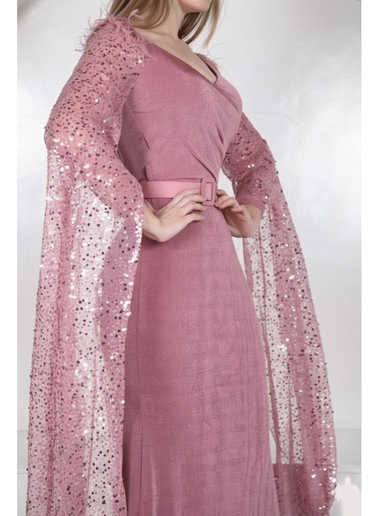 FULL JOY Maxi Velvet Evening Dress with Wide Embroidered Sleeves and Belt, Elegant evening Dress with an Attractively Feminine Design. - Image 5