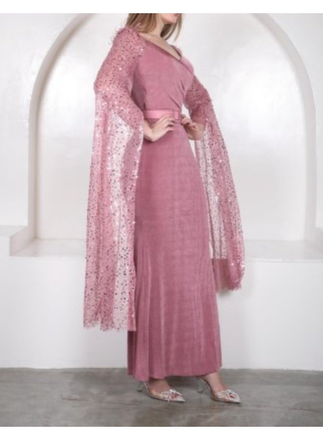 فول جوي فستان سهرة مخمل طويل بأكمام واسعة مطرزة وحزام ,فستان سهرة أنيق بتصميم أنثوي جذاب - Image 2