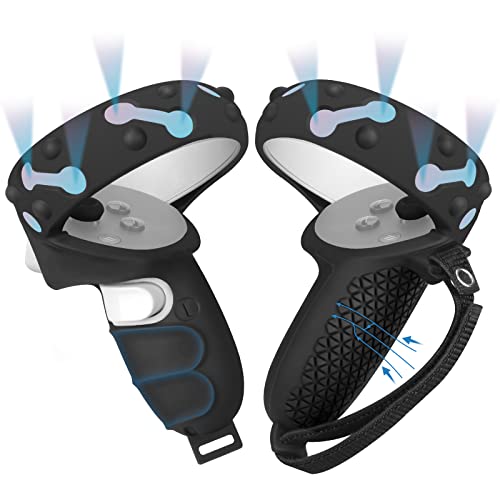 CAREflection Touch Controller Grip Cover for Oculus Quest 2/Oculus Meta Quest 2 VR Game Anti-Slip Anti-Throw Scratch proof Handle Protective Silicone Joystick Cover + Adjustable Knuckle Strap (Black) - Image 1