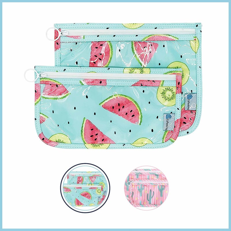 EzPacking Clear Zipper Pouches (Set of 2) / Transparent Reusable PVC Organizers for Women’s Purse or Tote Bag/Cute Slim Flat Japanese Style Watermelon Cactus Pencil Pouch for Travel (Watermelon) - Image 2