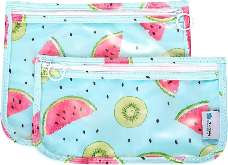 EzPacking Clear Zipper Pouches (Set of 2) / Transparent Reusable PVC Organizers for Women’s Purse or Tote Bag/Cute Slim Flat Japanese Style Watermelon Cactus Pencil Pouch for Travel (Watermelon) - Image 1