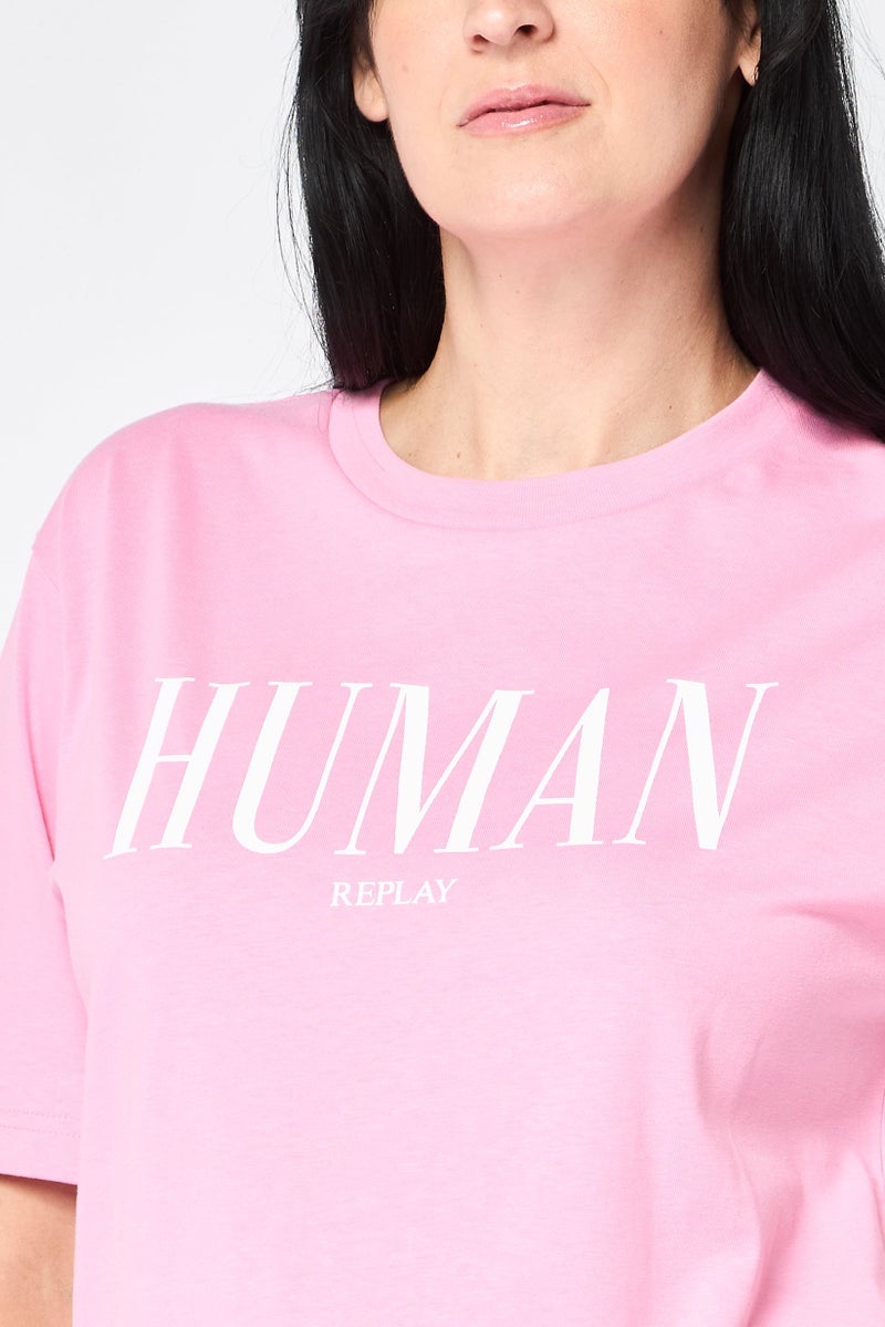 Replay Women Crew Neck Short Sleeve Graphic Print T-Shirt, Pink - Image 2