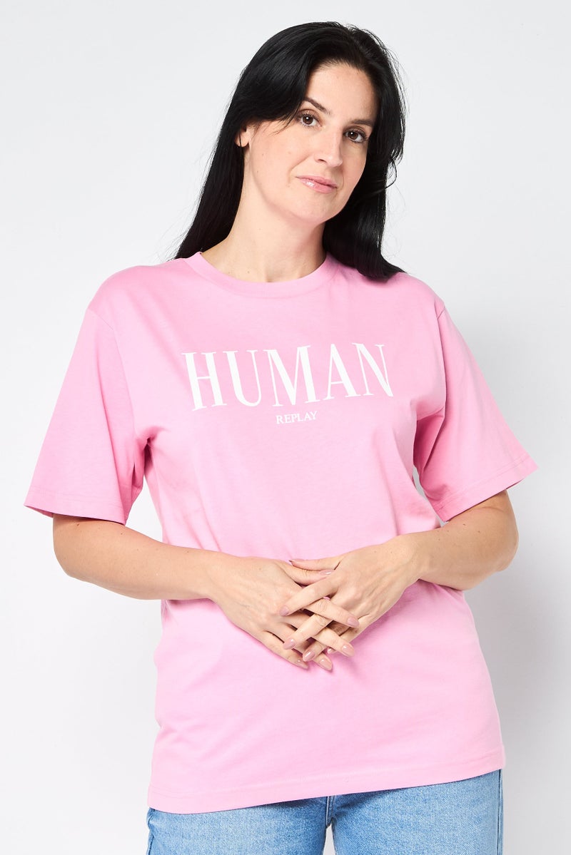 Replay Women Crew Neck Short Sleeve Graphic Print T-Shirt, Pink - Image 1