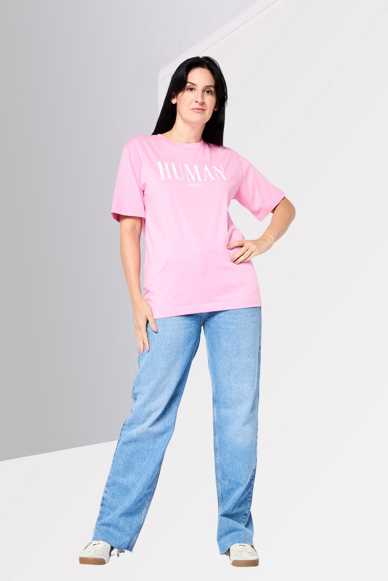 Replay Women Crew Neck Short Sleeve Graphic Print T-Shirt, Pink - Image 4