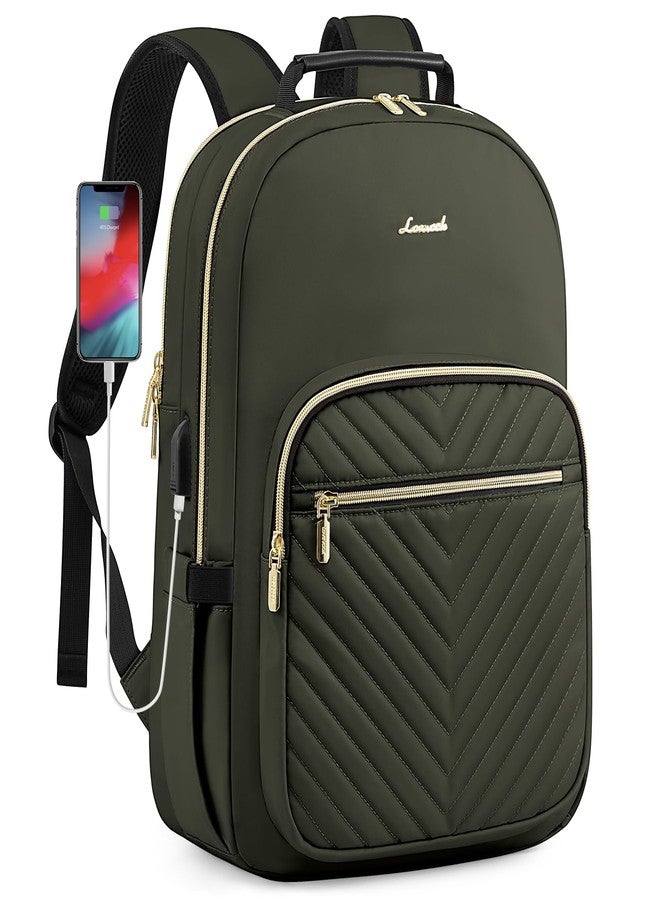 LOVEVOOK Laptop Backpack Purse for Women, Work Business Travel Computer Bags, College Nurse Backpack for Womens, Quilted Casual Daypack with USB Port, Fit 15.6 Inch Laptop, Army Green - Image 1