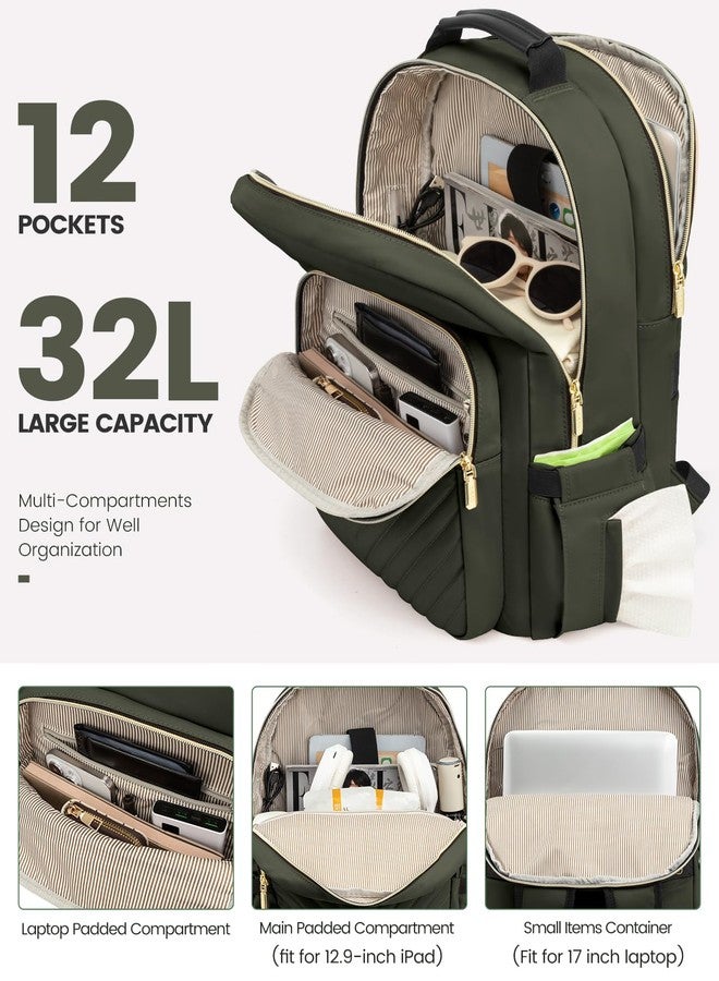 LOVEVOOK Laptop Backpack Purse for Women, Work Business Travel Computer Bags, College Nurse Backpack for Womens, Quilted Casual Daypack with USB Port, Fit 15.6 Inch Laptop, Army Green - Image 2