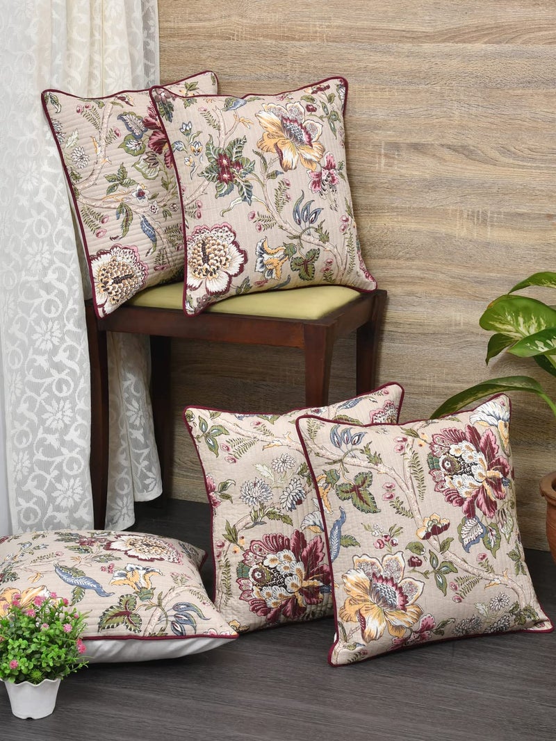 Clasiko Cushion Covers Set of 5 Beige with Quilting; Cotton Fabric; 16X16 Inches; Color Fastness Guarantee 16450, 250 Tc - Image 2