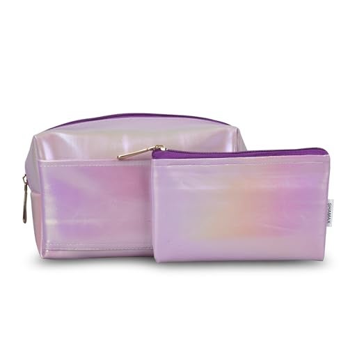 Shamax® Pouches, Makeup Organizer, Cosmetic Travel Organizer Pouch,Zipper Closure Portable Makeup Pouch, Stationery Bag for Students Girls Adults Office with Pockets, Toiletry Bag (Purple) Pack of 2 - Image 1
