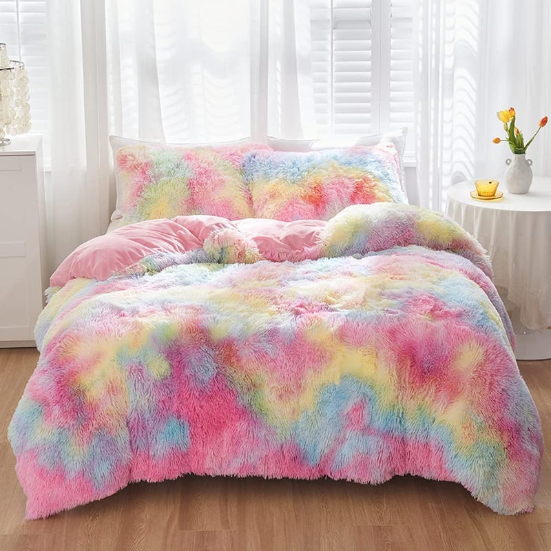 SUCSES SUCSES Pink Girls Bedding Set Queen Size 3 Pieces Faux Fur Fluffy Duvet Cover Set Rainbow Tie Dye Furry Comforter Cover Set Plush Shaggy Quilt Covers 